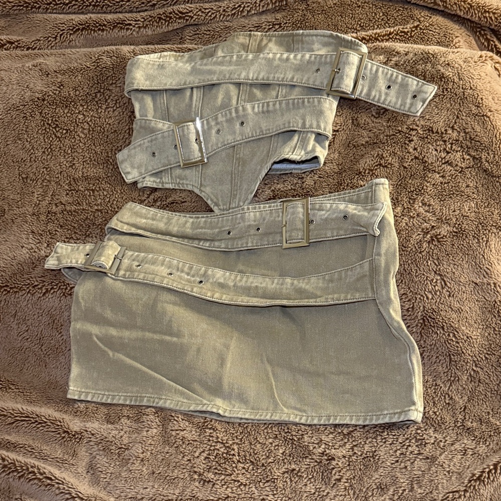 Stone Denim Belted Skirt Set